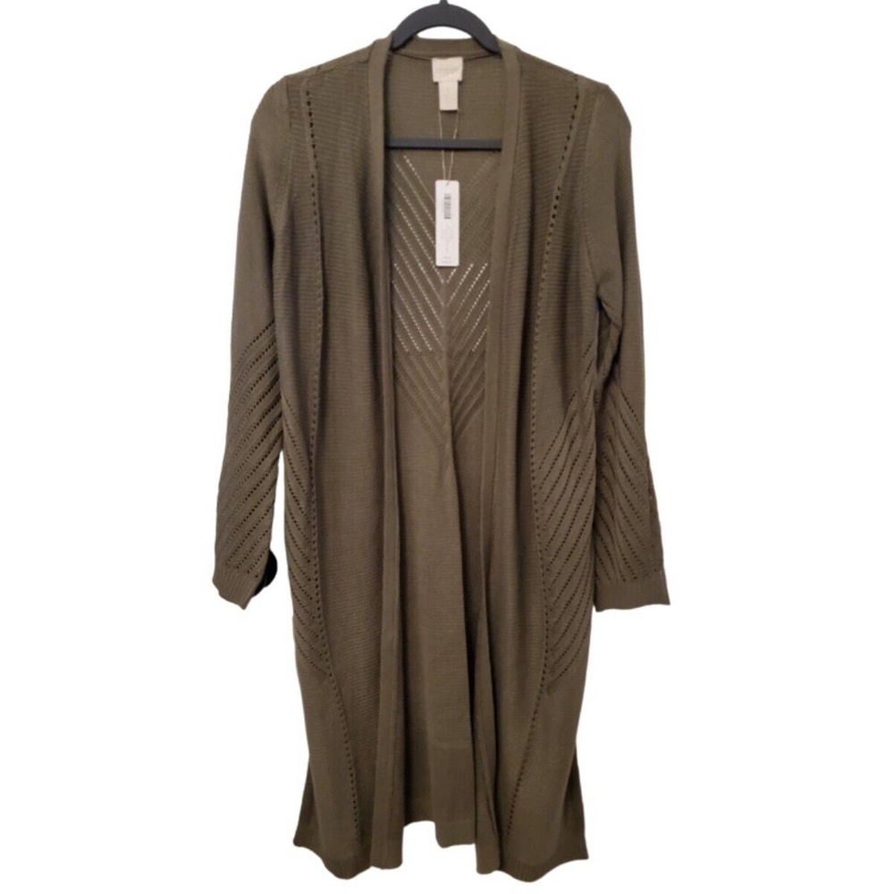 NWT CHICO'S Women's Open Front Longline Olive Green Cardigan